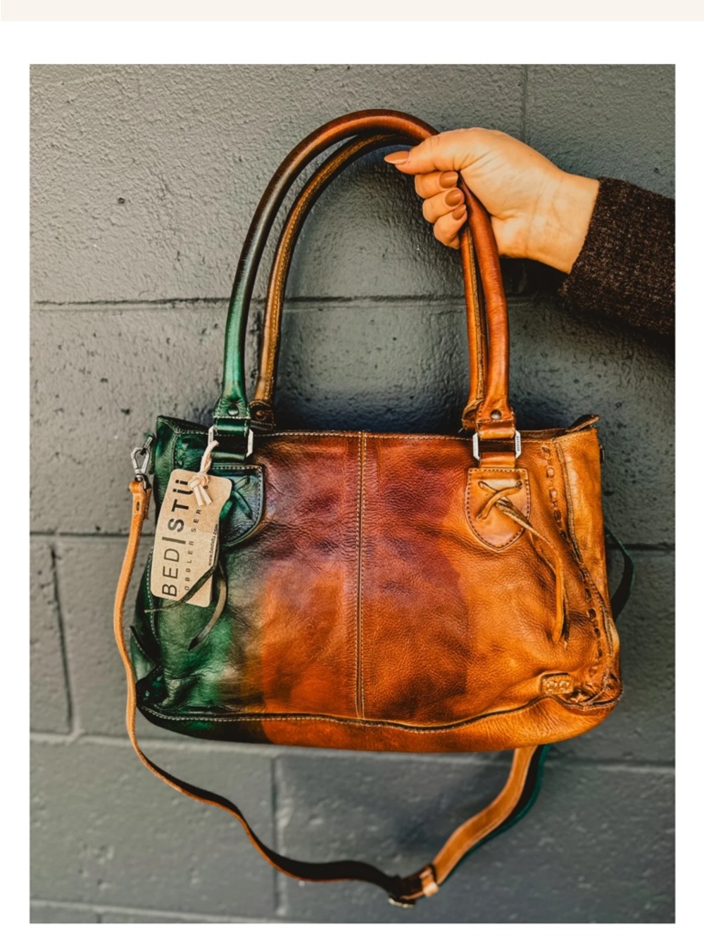 BED|STU Three-Tone Aqua/Green and Brown Leather Tote - Picture 6 of 13
